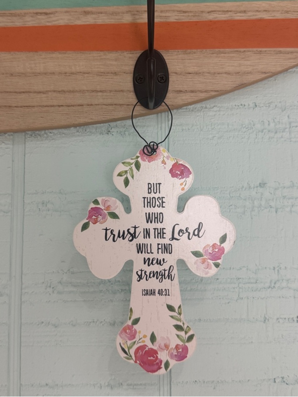 Floral White Cross Ornament with Inspirational Scripture